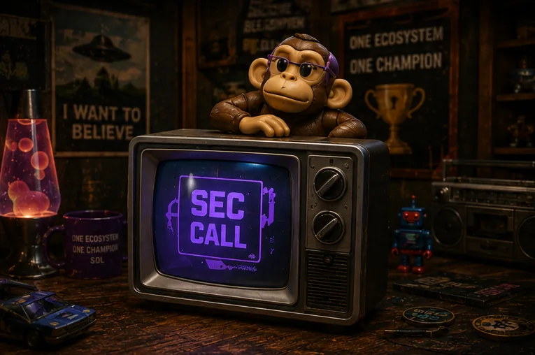 The SEC Call on a vintage TV, hosted by a toy monkey